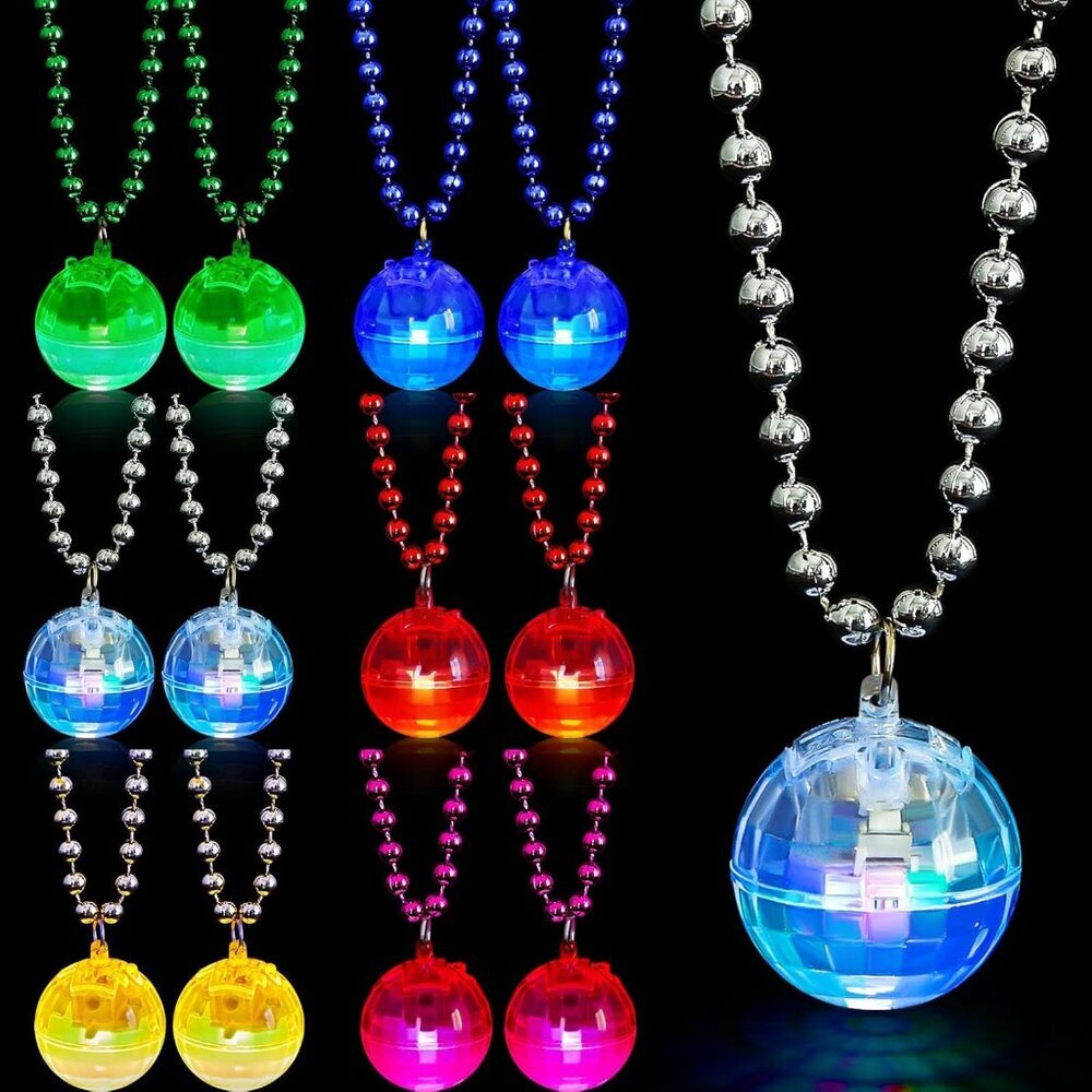 12 Pcs LED Disco Ball Necklaces Light up Mardi Gras Bead Necklaces 70s Disco Par
